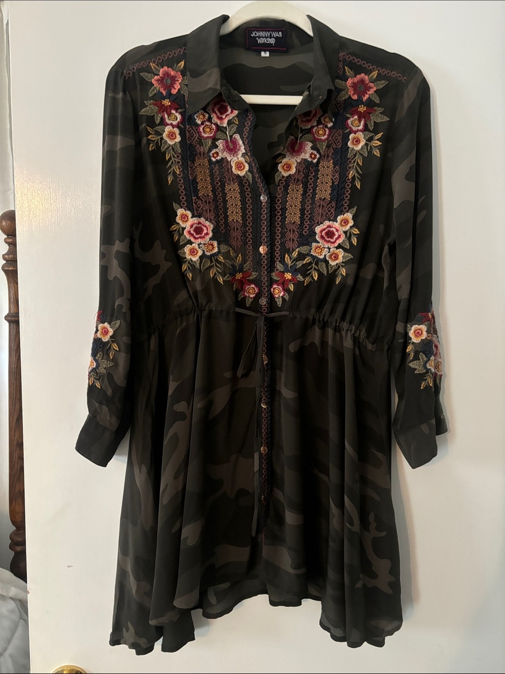 Johnny Was Olive Camo Floral Embroidered Long Sleeve Dress